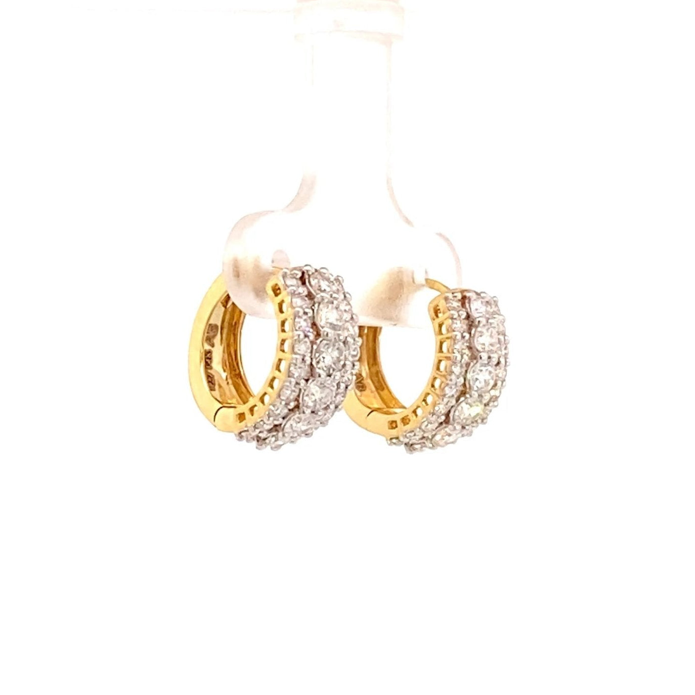 Earrings huggie style with 3 rows of diamonds 14kt white and yellow gold - Gaines Jewelers