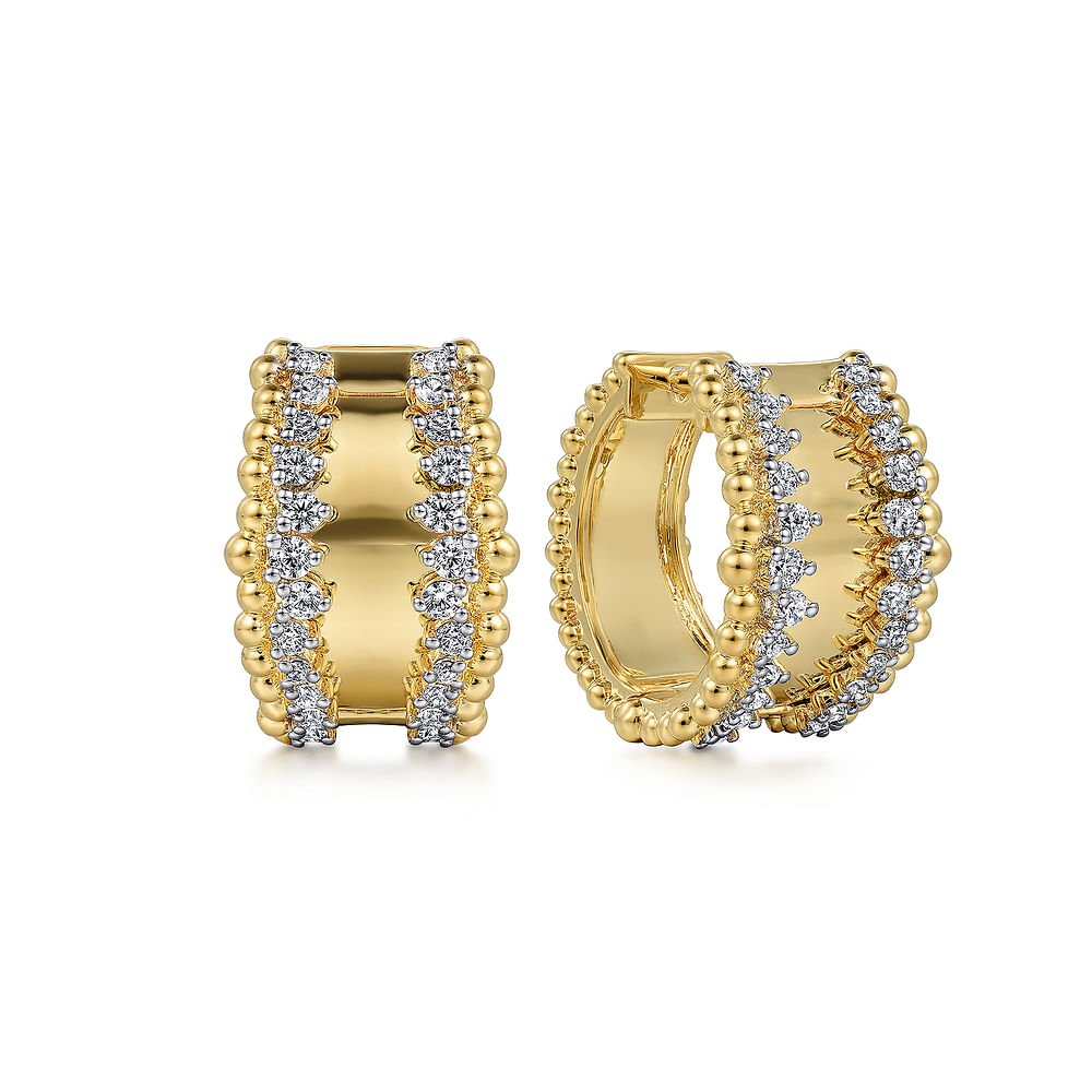 Earrings huggie style with diamond edges 14kt yellow gold - Gaines Jewelers