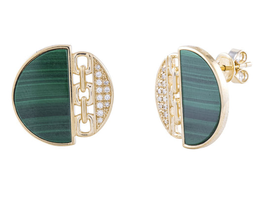 Earrings - inlaid malachite & diamonds, button style 14kt yellow gold - Gaines Jewelers