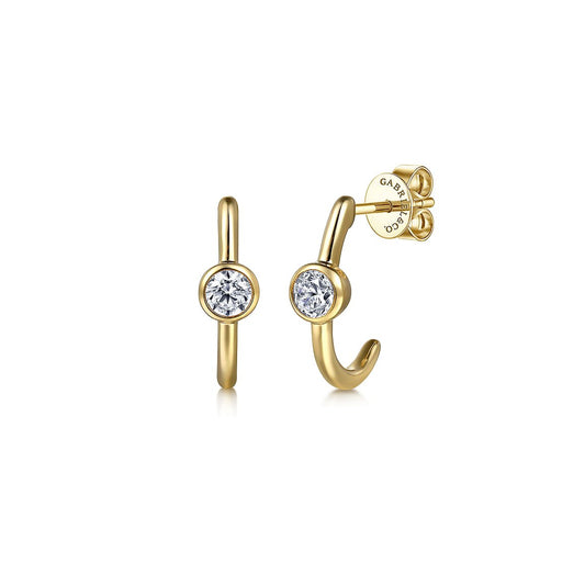 Earrings J hoop style with a center white sapphire 14kt yellow gold by Gabriel - Gaines Jewelers