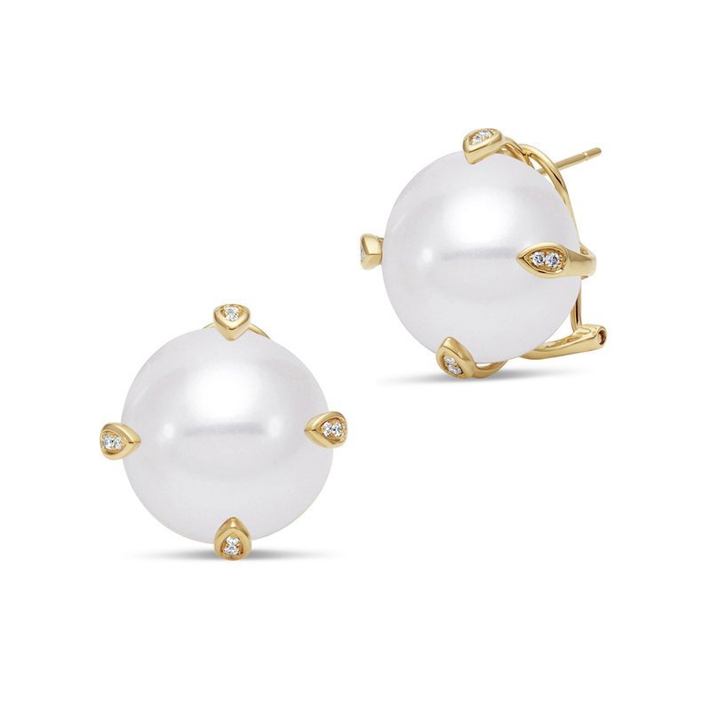 Earrings large coin pearls with diamonds in prongs, 18kt yellow gold - Gaines Jewelers