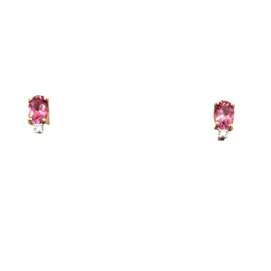 Earrings - oval pink tourmaline & diamond studs 14kt yellow gold - Gaines Jewelers