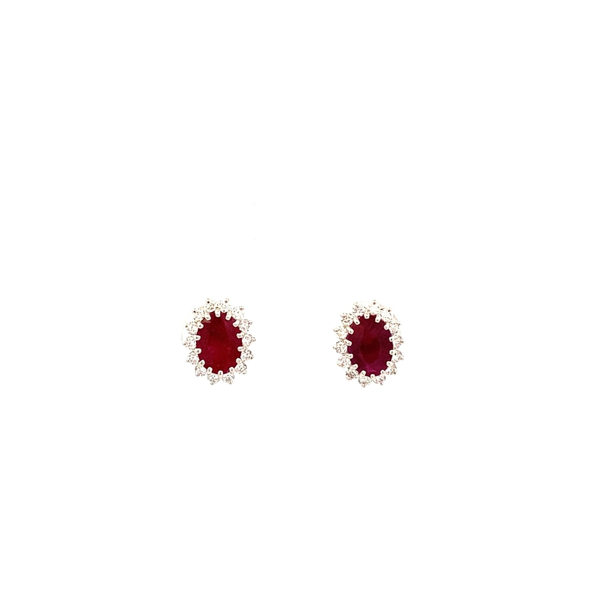 Earrings - oval ruby & diamond studs 14kt white gold - Gaines Jewelers