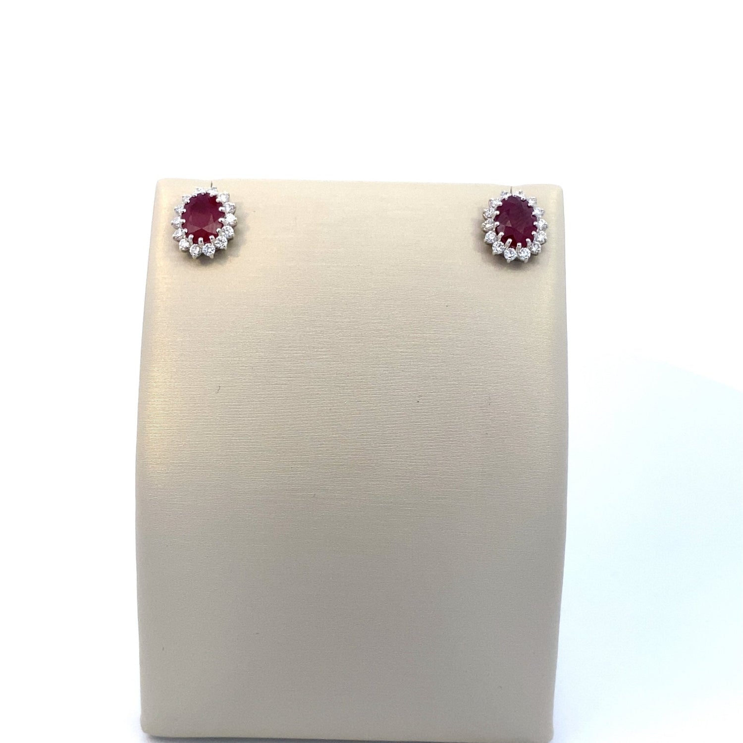 Earrings - oval ruby & diamond studs 14kt white gold - Gaines Jewelers