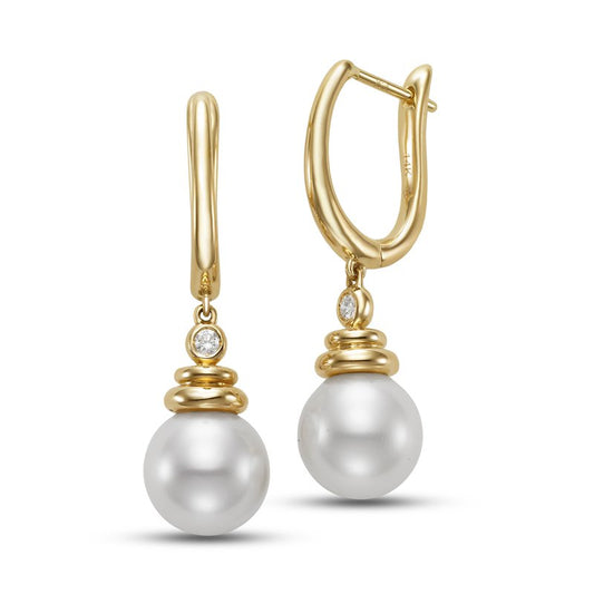 Earrings pearl & diamond drops with lever back 14kt yellow gold - Gaines Jewelers