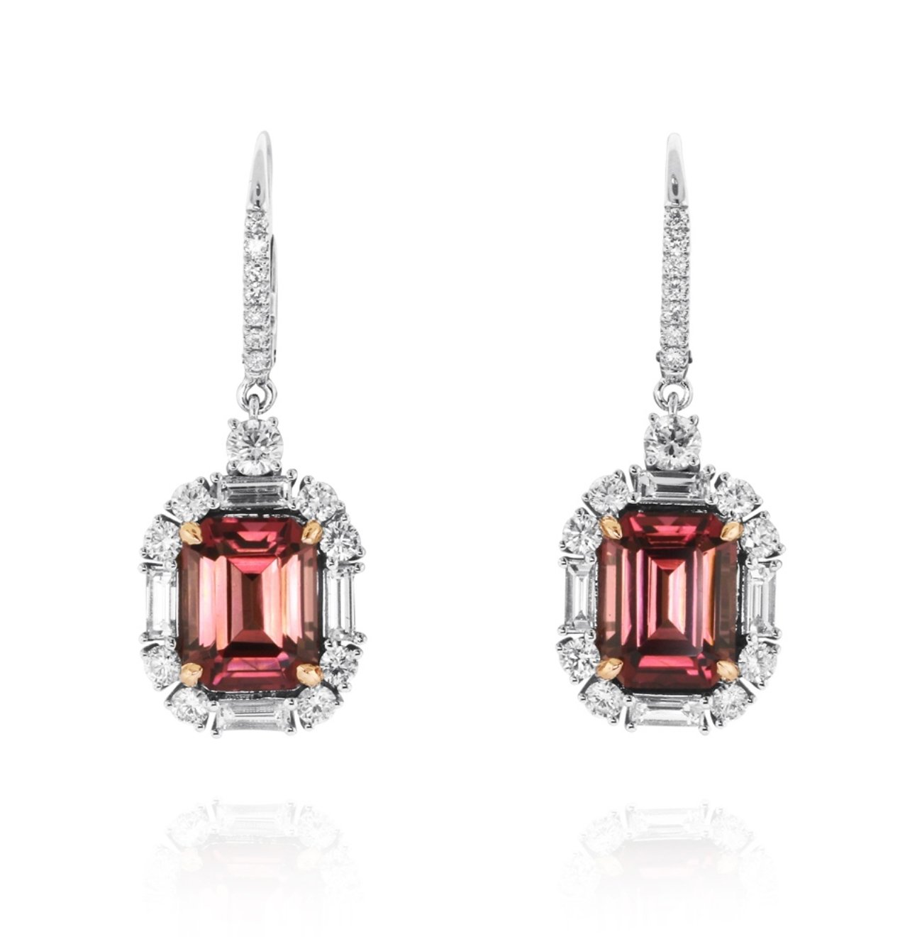 ****Earrings - pink tourmaline surrounded by diamonds dangles 18kt white gold - Gaines Jewelers