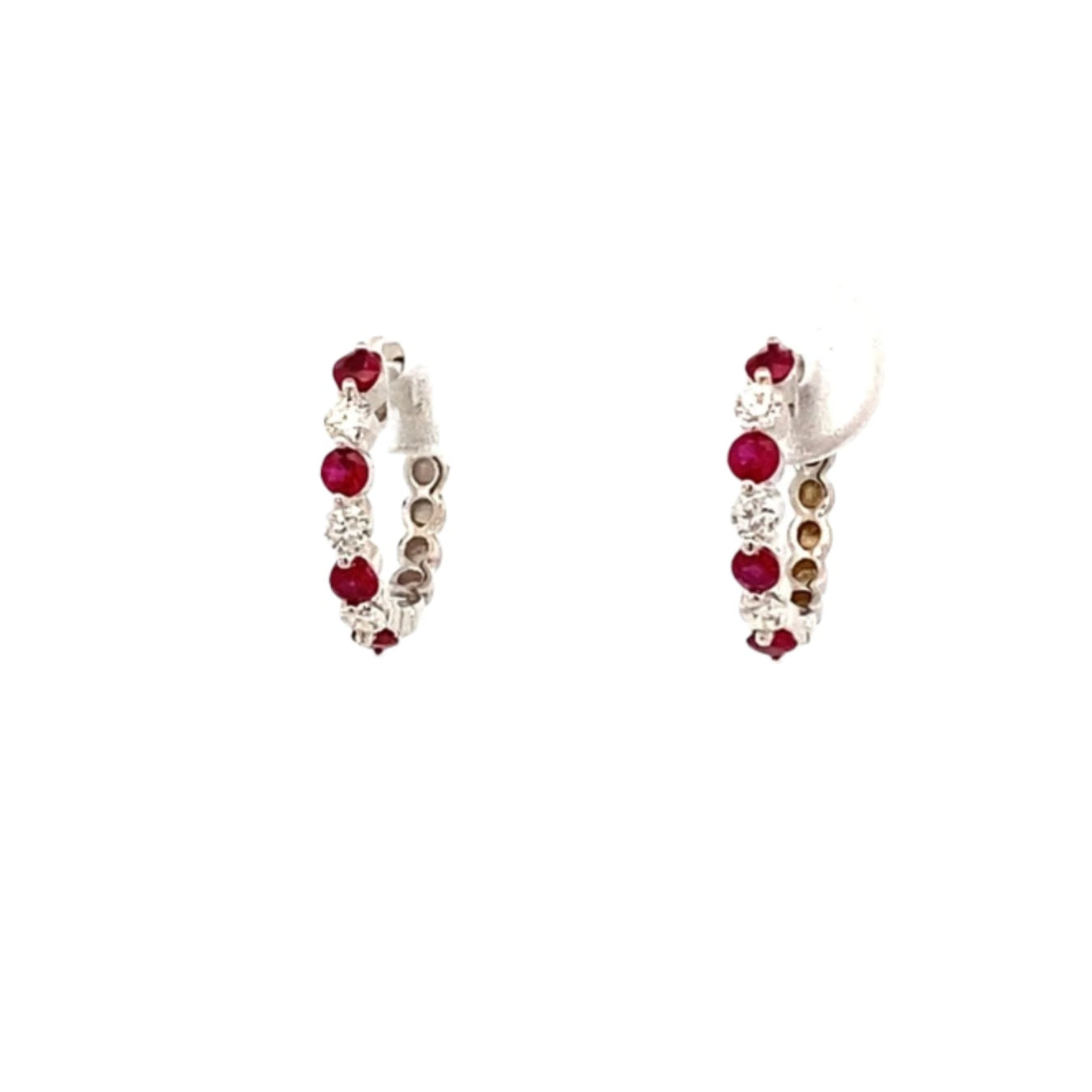 Earrings - ruby and diamond tiny hoops 14kt. white gold - Gaines Jewelers
