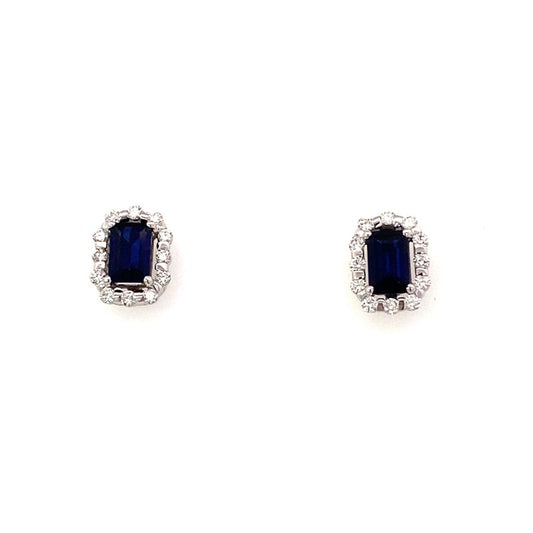 Earrings- sapphire earring set in a floating diamond halo 14kt white gold - Gaines Jewelers