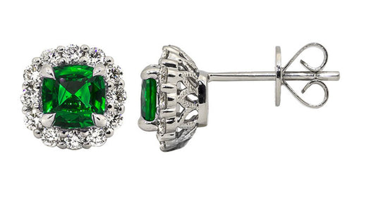 Earrings set with 2 round emeralds & diamond halos14kt white gold - Gaines Jewelers