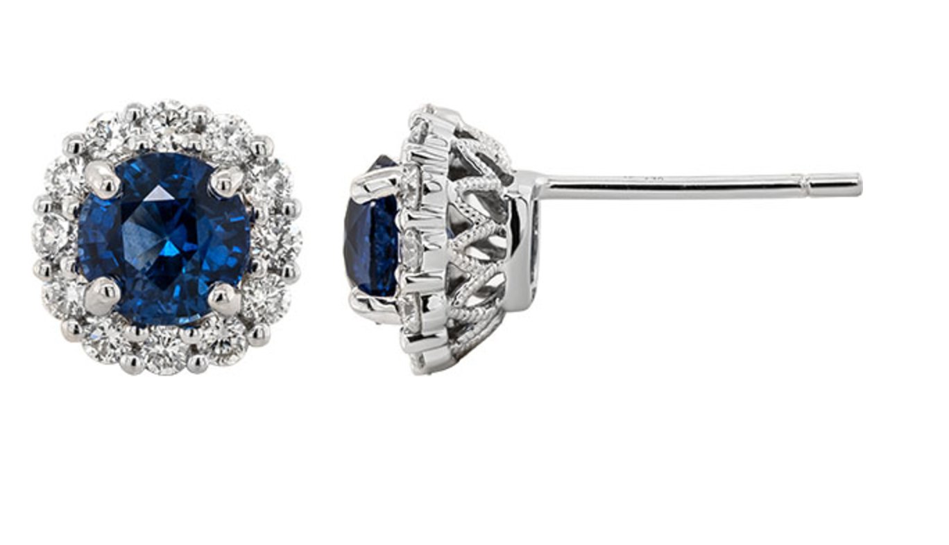 Earrings set with 2 round sapphires with diamond halos in 14kt white gold - Gaines Jewelers