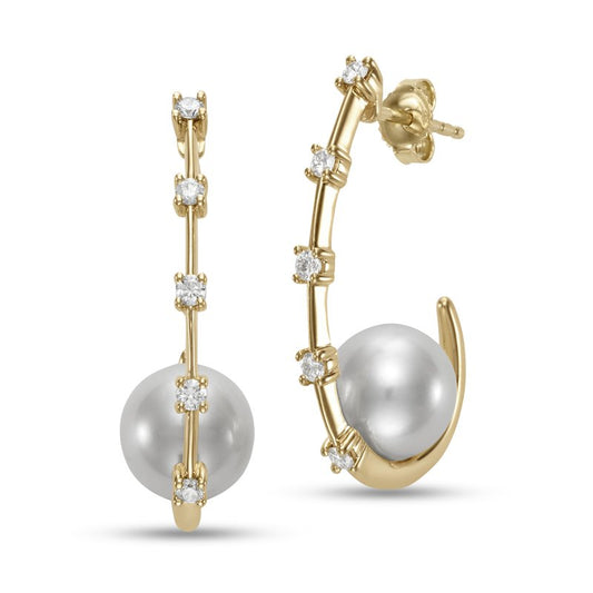 Earrings set with a 9mm pearl on the base of a diamond station hoop 18kt yellow gold - Gaines Jewelers