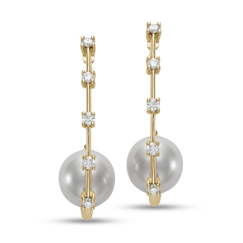 Earrings set with a 9mm pearl on the base of a diamond station hoop 18kt yellow gold - Gaines Jewelers