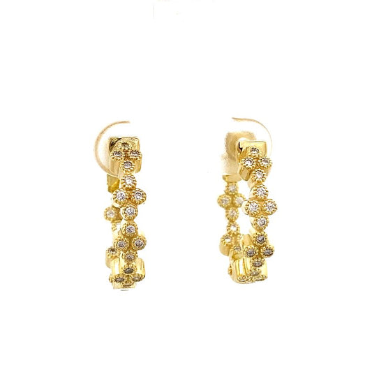 Earrings set with diamond clusters, hoop style inside - out 14kt yellow gold - Gaines Jewelers