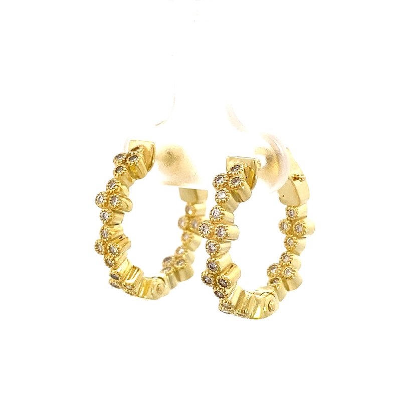 Earrings set with diamond clusters, hoop style inside - out 14kt yellow gold - Gaines Jewelers