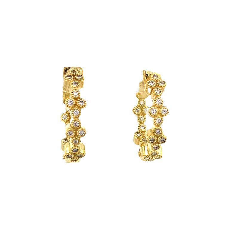 Earrings set with diamond clusters, hoop style inside - out 14kt yellow gold - Gaines Jewelers