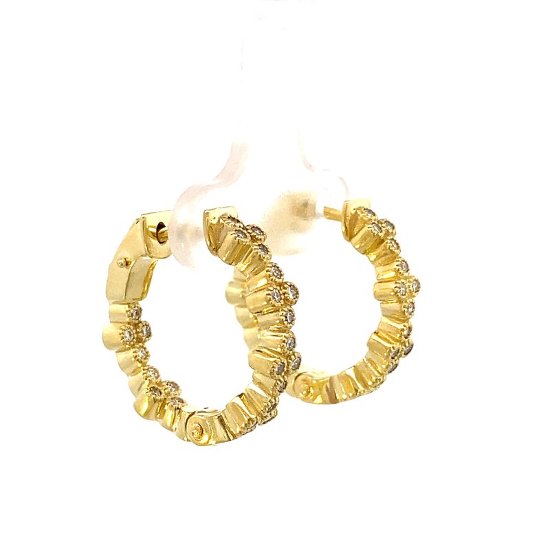 Earrings set with diamond clusters, hoop style inside - out 14kt yellow gold - Gaines Jewelers