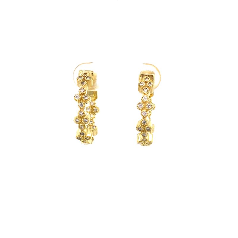 Earrings set with diamond clusters, hoop style inside - out 14kt yellow gold - Gaines Jewelers