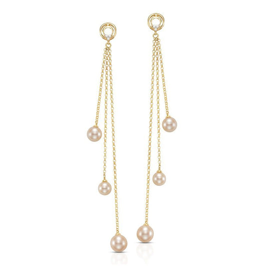 Earrings with 3 dangling strands each with a pearl and diamonds at ear 18kt yellow gold - Gaines Jewelers