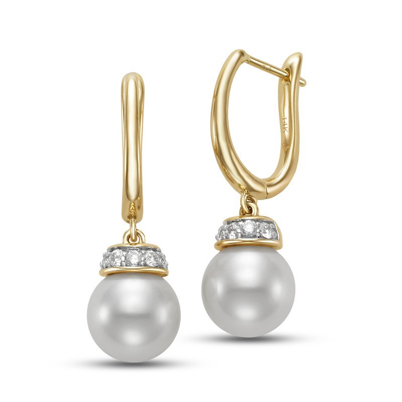 Earrings with 9mm pearl with diamond accents drops 14kt yellow gold - Gaines Jewelers