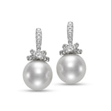Earrings with a pearl dropping from a diamond twisted knot 18kt white gold - Gaines Jewelers