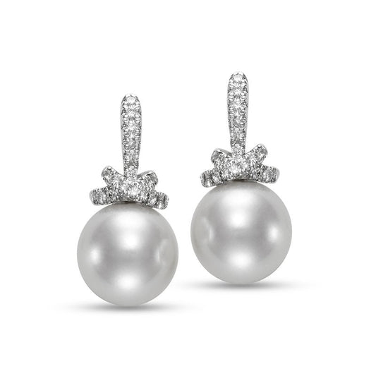 Earrings with a pearl dropping from a diamond twisted knot 18kt white gold - Gaines Jewelers