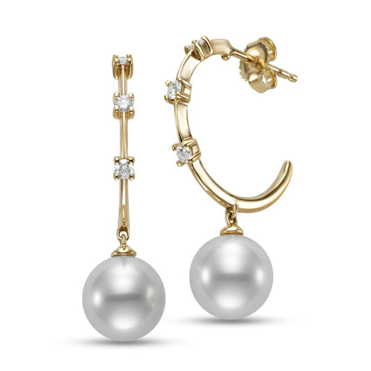 Earrings with a pearl dropping from a station style diamond hoop 18kt yellow gold - Gaines Jewelers