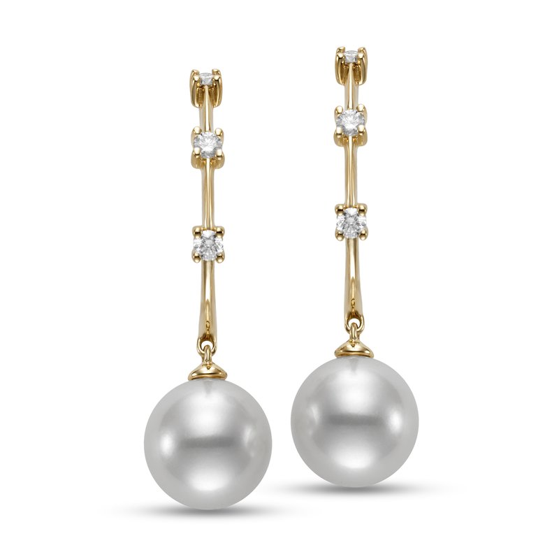 Earrings with a pearl dropping from a station style diamond hoop 18kt yellow gold - Gaines Jewelers