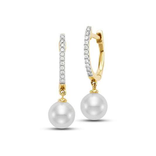 Earrings with a single pearl dropping from a diamond hoop 14kt yellow gold - Gaines Jewelers