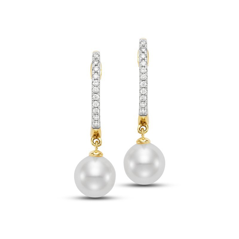 Earrings with a single pearl dropping from a diamond hoop 14kt yellow gold - Gaines Jewelers