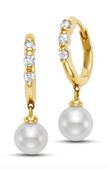 Earrings with fresh water pearls dangling from a diamond hoop 14kt yellow gold - Mastoloni - Gaines Jewelers