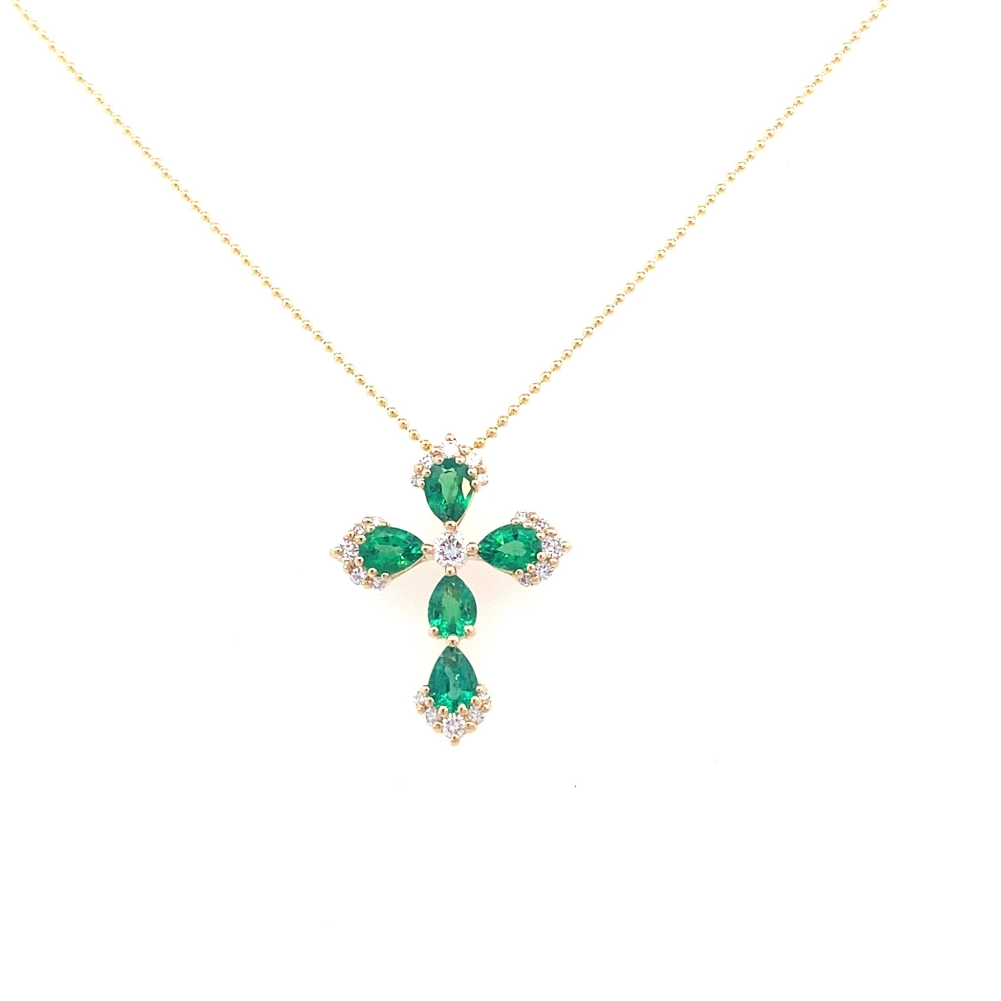 Emerald and diamond cross with pear - shaped emeralds in 14kt yellow gold by Nemati - Gaines Jewelers
