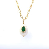 Emerald Bezel set into Small White Oval Pearl 14kt Yellow Gold - Raymond Mazza - Gaines Jewelers