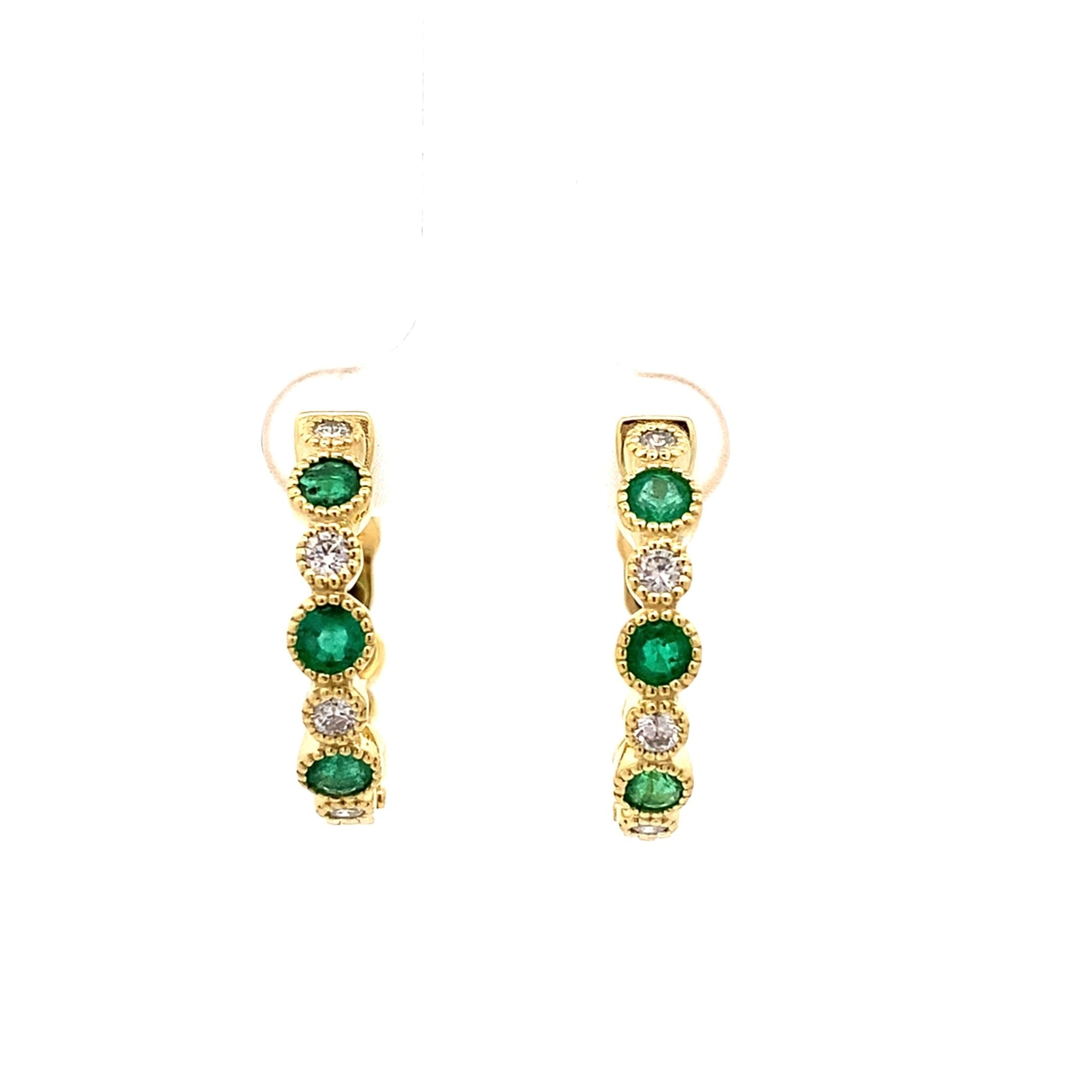 Emerald & diamond hoop earrings set n tiny bead bezels 14kt yellow gold by Raymond Mazza - Gaines Jewelers