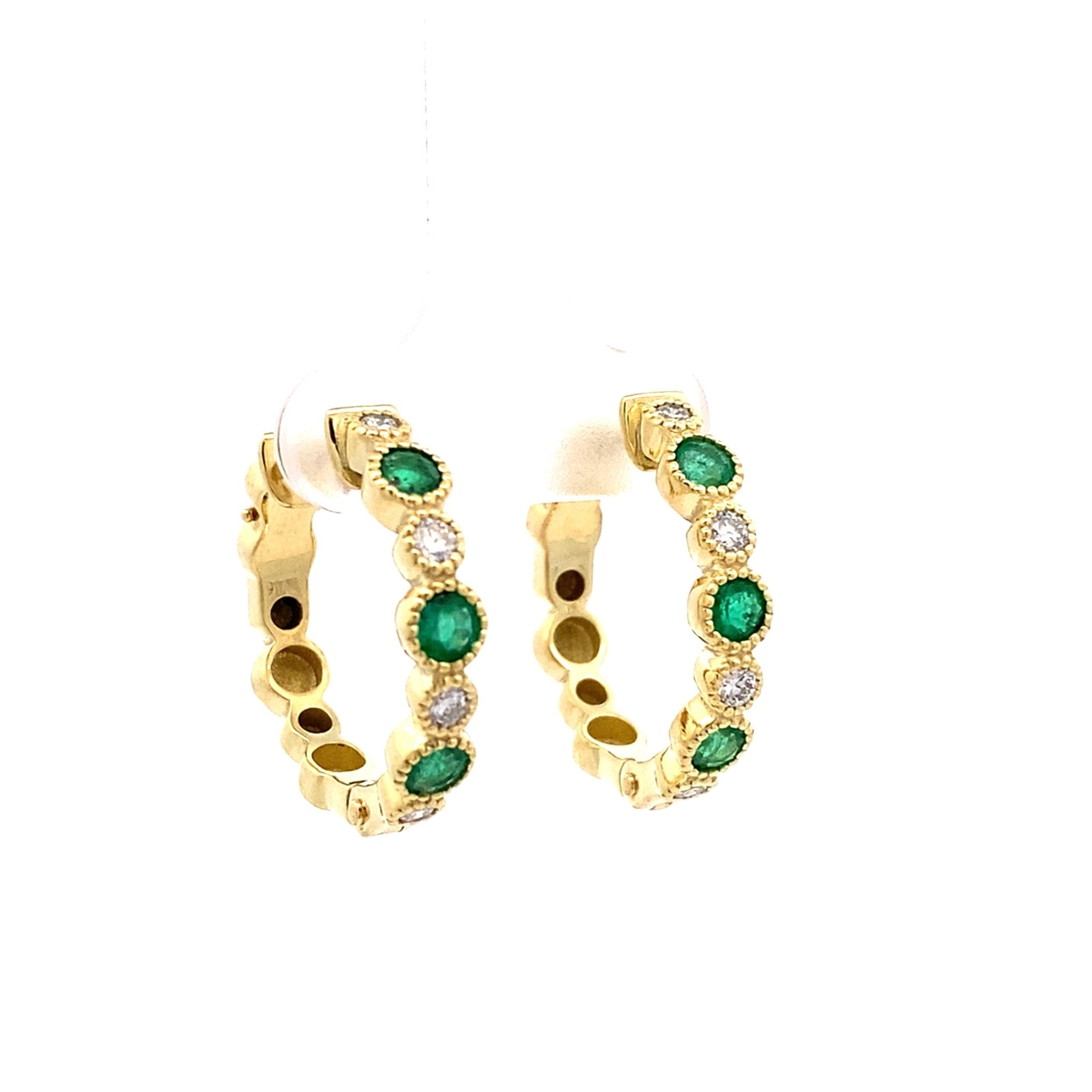 Emerald & diamond hoop earrings set n tiny bead bezels 14kt yellow gold by Raymond Mazza - Gaines Jewelers