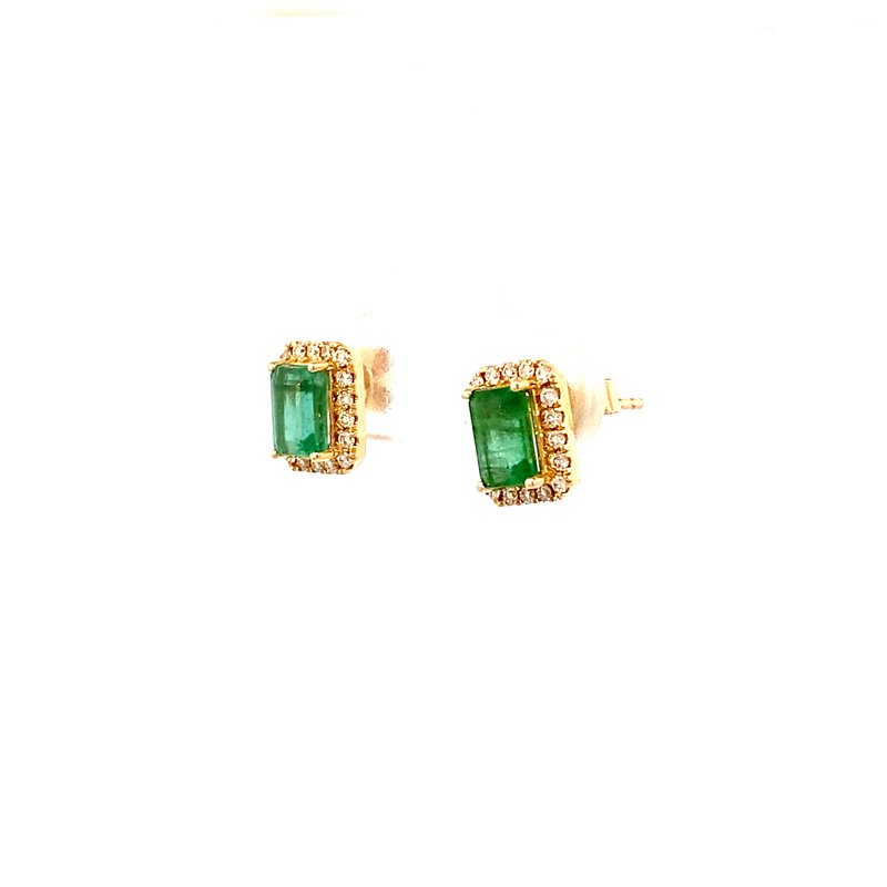 Emerald earrings emerald cut with diamond halo 14kt yellow gold - Gaines Jewelers