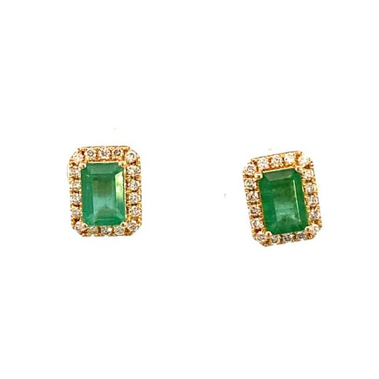 Emerald earrings emerald cut with diamond halo 14kt yellow gold - Gaines Jewelers