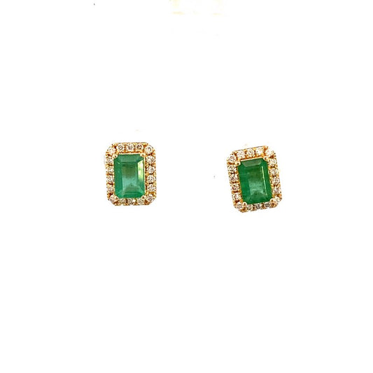 Emerald earrings emerald cut with diamond halo 14kt yellow gold - Gaines Jewelers