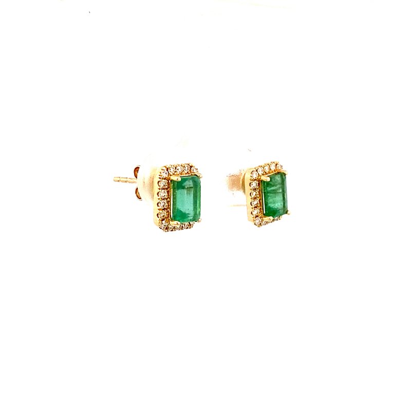 Emerald earrings emerald cut with diamond halo 14kt yellow gold - Gaines Jewelers