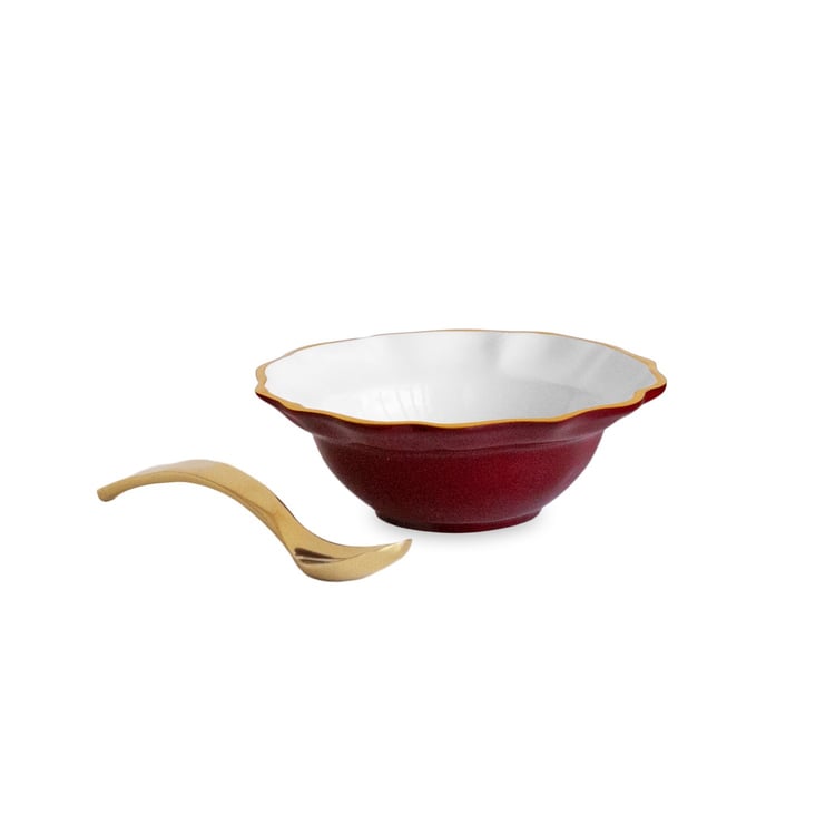 Encanto Faenza Mini Bowl with Spoon - Bordeaux and White - Beatriz Ball - Gaines Jewelers