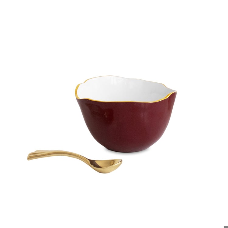 Encanto Osaka Small Bowl with Spoon - Bordeaux and White - Beatriz Ball - Gaines Jewelers