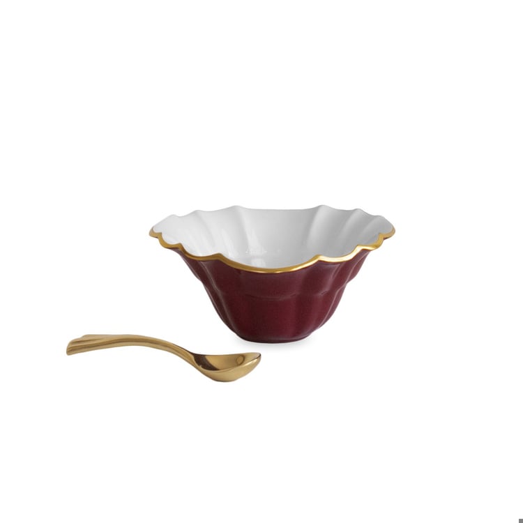 Encanto Tuscany Mini Round Bowl with Spoon - Bordeaux and White - Beatriz Ball - Gaines Jewelers