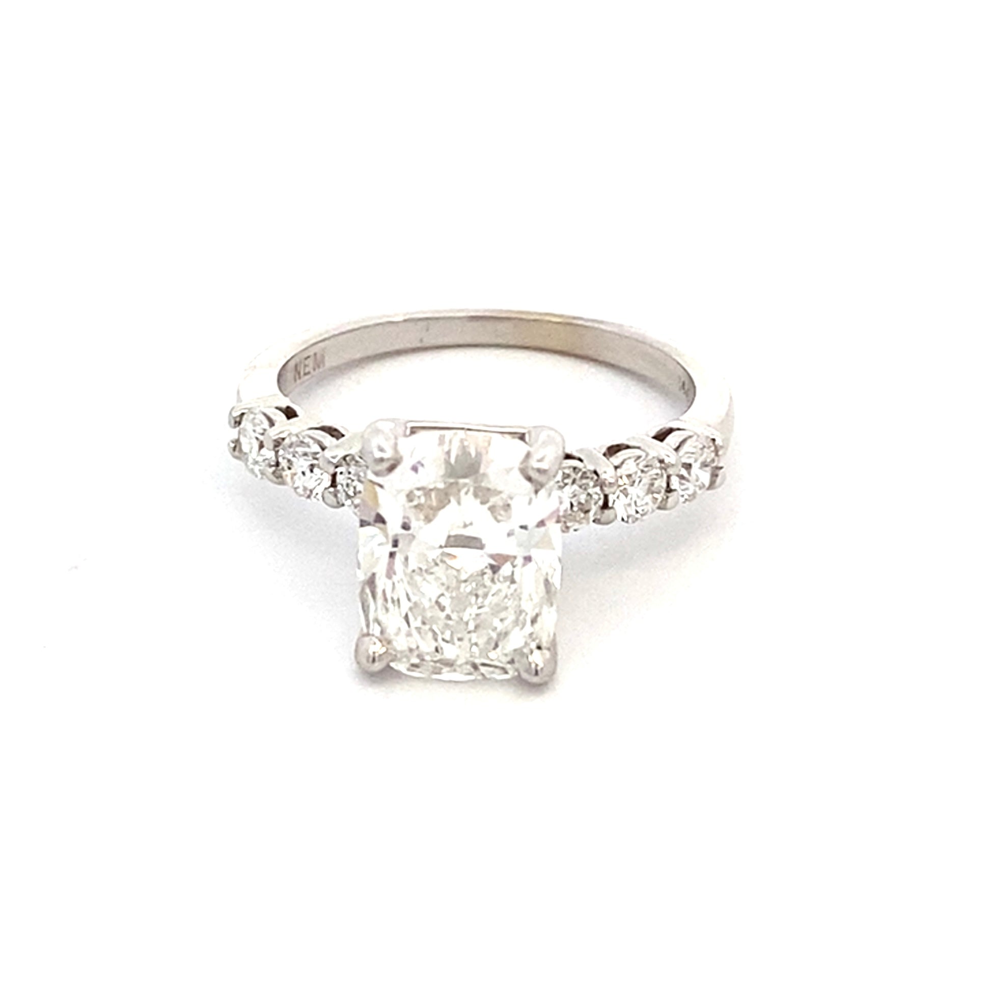 Engagement ring with lab grown cushion diamond=3.42ct, 6 side diamonds=.43ct - Gaines Jewelers