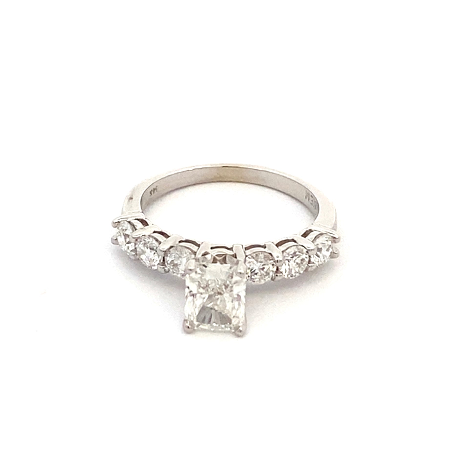 Engagement ring with lab grown radiant center=1.02ct, 6 natural side diamonds=0.61ct - Gaines Jewelers