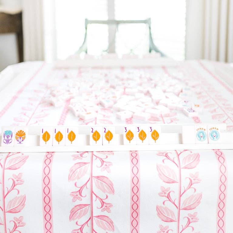 Fenwick Fields - WHOLESALE Scalloped Square Table Topper | Botanical Stripe - Pink - Gaines Jewelers