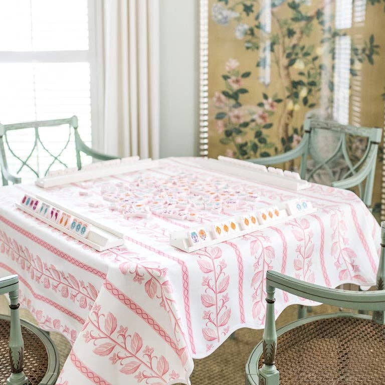 Fenwick Fields - WHOLESALE Scalloped Square Table Topper | Botanical Stripe - Pink - Gaines Jewelers