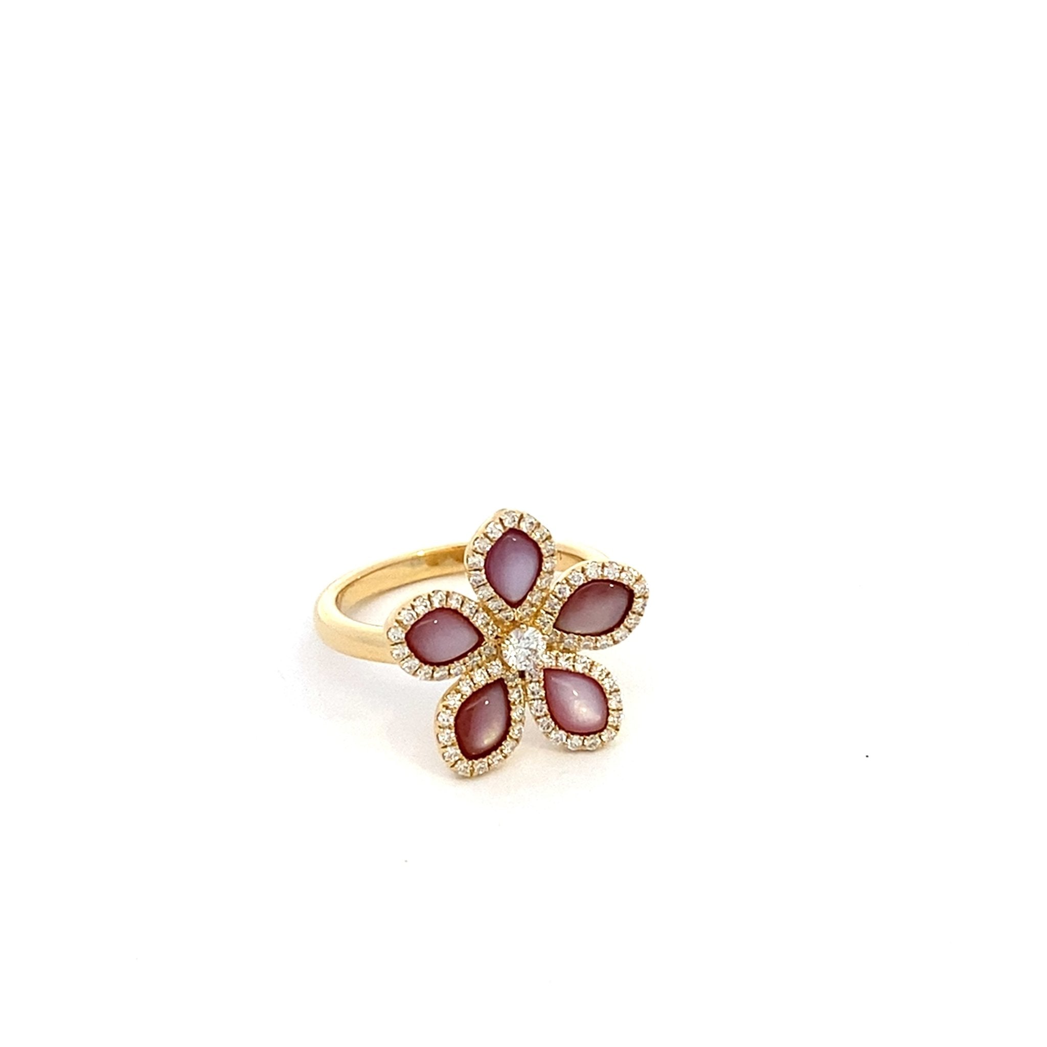 Floral design ring with pear - shaped pink slate with diamond halos by Sophia - Gaines Jewelers