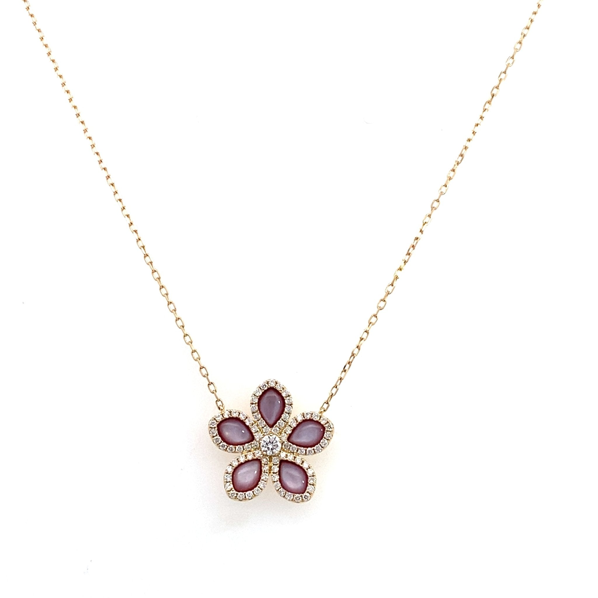Floral pendant set with pear - shaped pink slate stones with diamond halos by Sophia - Gaines Jewelers