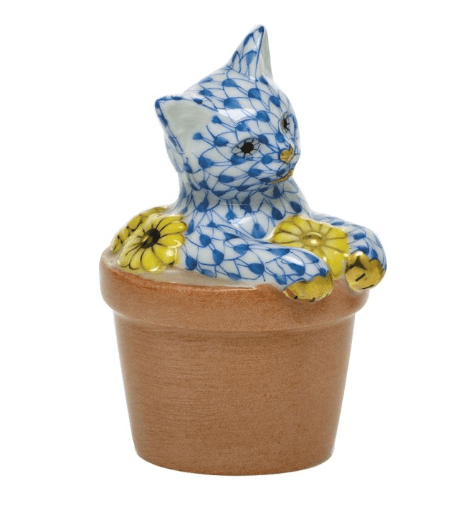 Flower Pot Kitty in Blue - Herend - Gaines Jewelers