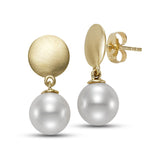 Fresh water pearl drop earrings, 8.5 - 9mm with a brushed disc top in 14kt yellow gold by Mastoloni - Gaines Jewelers