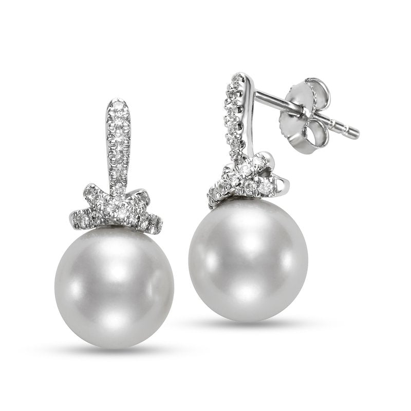 Fresh water pearl earrings, drop style with diamond top in 18kt white gold by Mastoloni - Gaines Jewelers
